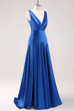 Tinta azul V-neck cetim vestido de dama de honra com fenda