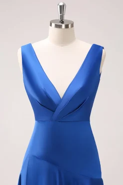 Tinta azul V-neck cetim vestido de dama de honra com fenda