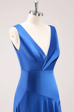 Tinta azul V-neck cetim vestido de dama de honra com fenda