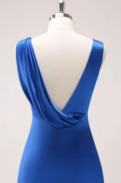 Tinta azul V-neck cetim vestido de dama de honra com fenda