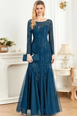 Tinta Brilhante Azul Appliques Contas Mangas Longas Pescoço Redondo Mãe Do Vestido Da Noiva