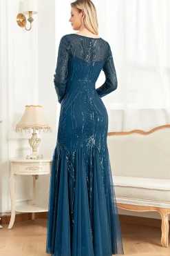 Tinta Brilhante Azul Appliques Contas Mangas Longas Pescoço Redondo Mãe Do Vestido Da Noiva