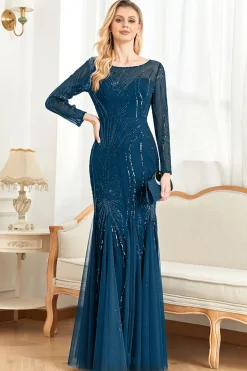 Tinta Brilhante Azul Appliques Contas Mangas Longas Pescoço Redondo Mãe Do Vestido Da Noiva