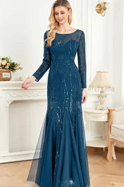 Tinta Brilhante Azul Appliques Contas Mangas Longas Pescoço Redondo Mãe Do Vestido Da Noiva