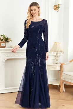 Tinta Brilhante Azul Appliques Contas Mangas Longas Pescoço Redondo Mãe Do Vestido Da Noiva