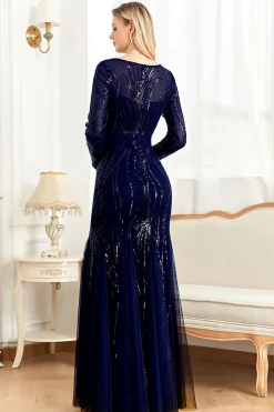 Tinta Brilhante Azul Appliques Contas Mangas Longas Pescoço Redondo Mãe Do Vestido Da Noiva