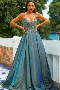 Tiras de espaguete cinza escuro Glitter longo vestido de baile