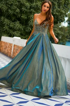Tiras de espaguete cinza escuro Glitter longo vestido de baile