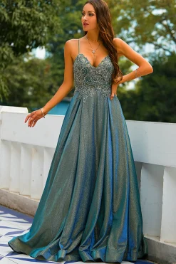 Tiras de espaguete cinza escuro Glitter longo vestido de baile