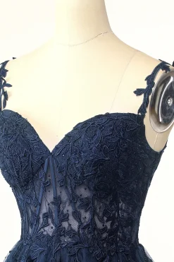 Tiras de espaguete da marinha curto vestido de homecoming com apliques