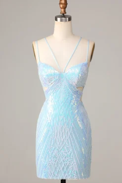 Tão deslumbrante Bodycon Esparguete Correias Blue Sequins Short Homecoming Dress