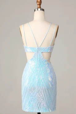 Tão deslumbrante Bodycon Esparguete Correias Blue Sequins Short Homecoming Dress