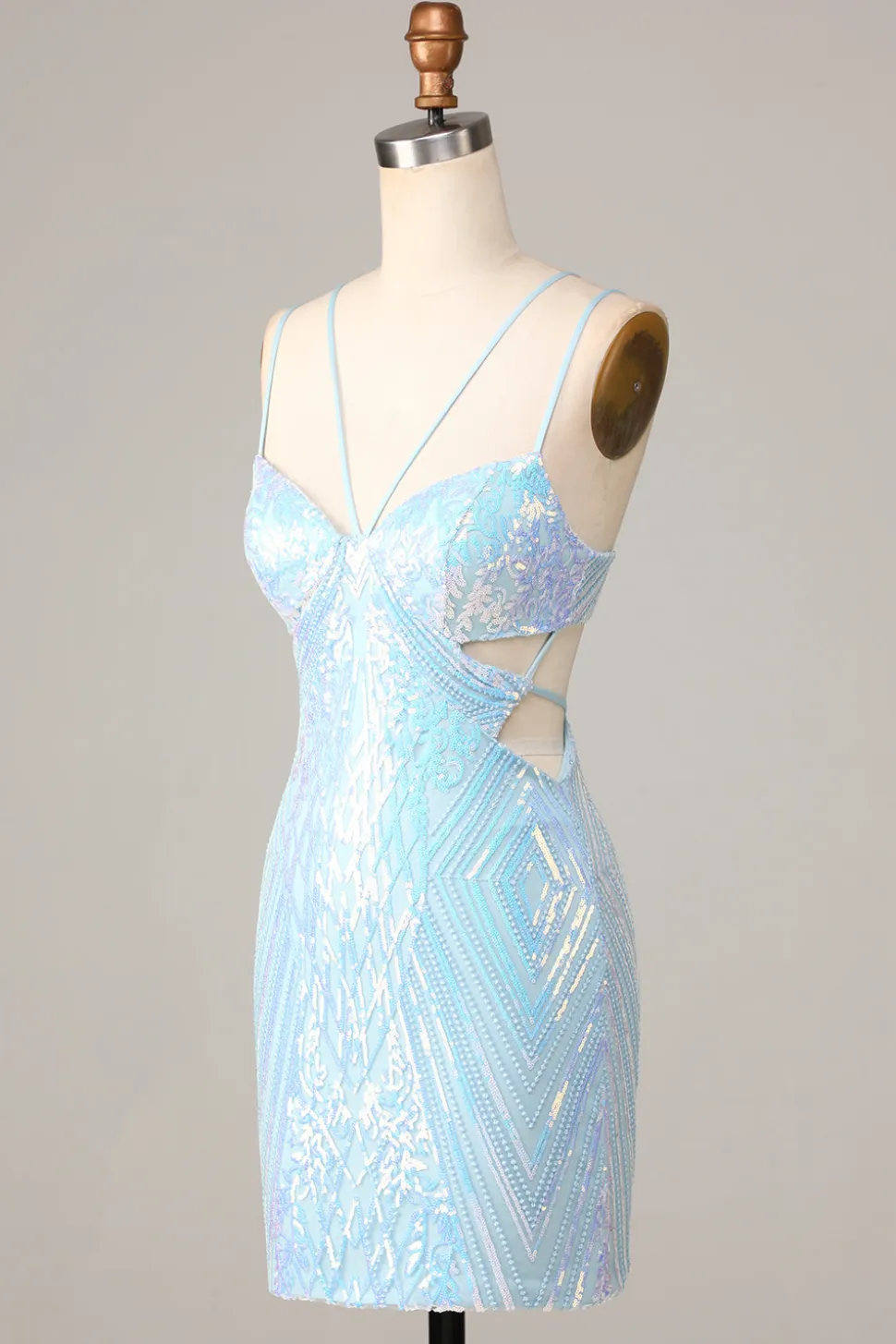 Tão deslumbrante Bodycon Esparguete Correias Blue Sequins Short Homecoming Dress