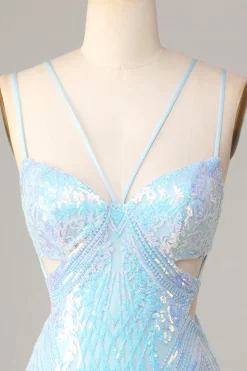 Tão deslumbrante Bodycon Esparguete Correias Blue Sequins Short Homecoming Dress