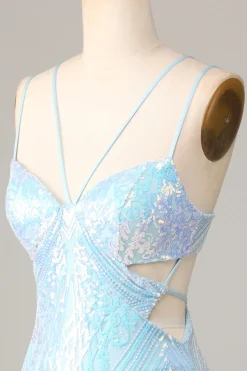 Tão deslumbrante Bodycon Esparguete Correias Blue Sequins Short Homecoming Dress