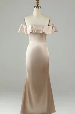 Tornozelo-comprimento fora do ombro champanhe vestido longo dama de honra com babados