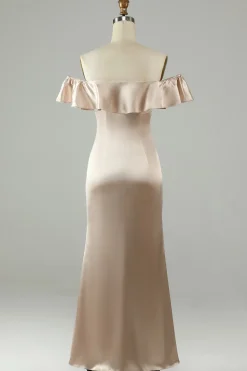 Tornozelo-comprimento fora do ombro champanhe vestido longo dama de honra com babados