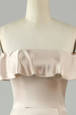 Tornozelo-comprimento fora do ombro champanhe vestido longo dama de honra com babados