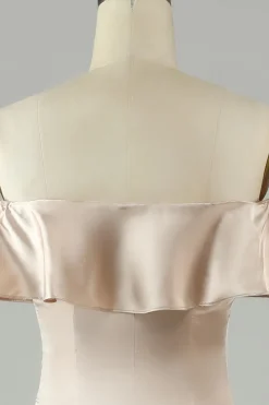 Tornozelo-comprimento fora do ombro champanhe vestido longo dama de honra com babados
