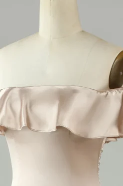 Tornozelo-comprimento fora do ombro champanhe vestido longo dama de honra com babados