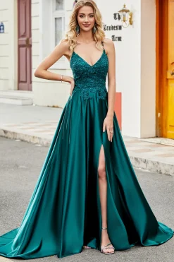 Trendy A Line Esparguete Correias Pavão Verde Vestido Longo Baile de Formatura com Apliques