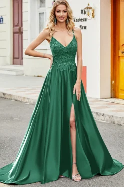 Trendy A Line Esparguete Correias Pavão Verde Vestido Longo Baile de Formatura com Apliques