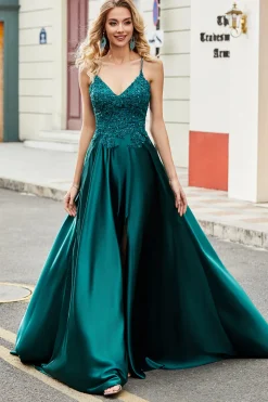 Trendy A Line Esparguete Correias Pavão Verde Vestido Longo Baile de Formatura com Apliques