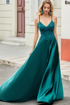 Trendy A Line Esparguete Correias Pavão Verde Vestido Longo Baile de Formatura com Apliques