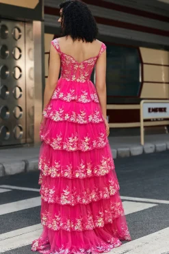 Trendy A Line Off the Shoulder Fuchsia Corset Prom Dress com Split Front