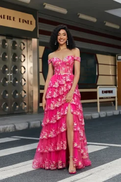 Trendy A Line Off the Shoulder Fuchsia Corset Prom Dress com Split Front