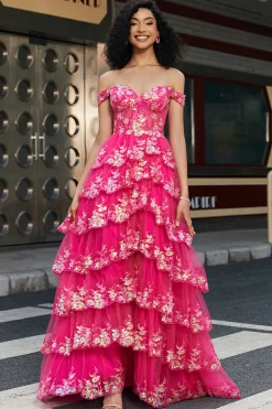 Trendy A Line Off the Shoulder Fuchsia Corset Prom Dress com Split Front