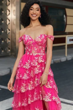 Trendy A Line Off the Shoulder Fuchsia Corset Prom Dress com Split Front
