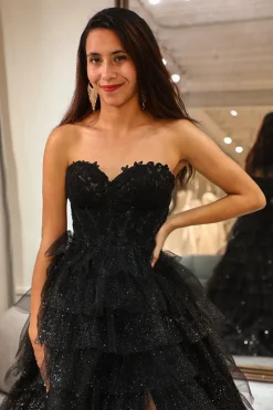 Trendy A Line Sweetheart Black Corset Prom Dress com Folhos