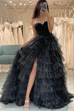 Trendy A Line Sweetheart Black Corset Prom Dress com Folhos