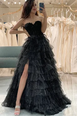 Trendy A Line Sweetheart Black Corset Prom Dress com Folhos
