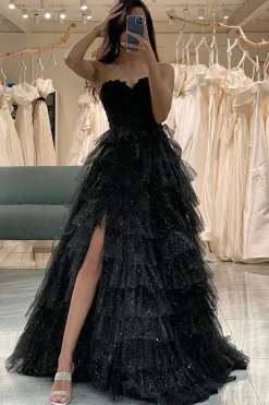 Trendy A Line Sweetheart Black Corset Prom Dress com Folhos