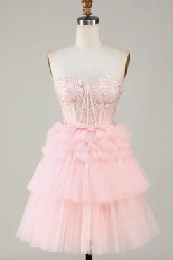 Trendy A-Line Sweetheart Pink Vestido Curto Homecoming com Folhos