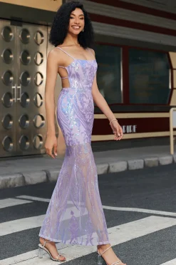 Trendy Bainha Esparguete Correias Roxo Claro Vestido Longo Baile de Formatura com Backless