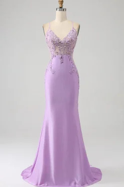Trendy Sereia Esparguete Correias Lilás Longo Vestido de Baile com Apliques Missangas
