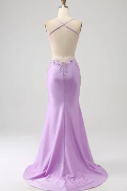 Trendy Sereia Esparguete Correias Lilás Longo Vestido de Baile com Apliques Missangas