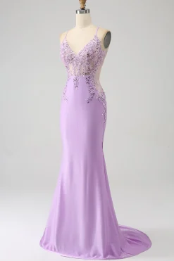 Trendy Sereia Esparguete Correias Lilás Longo Vestido de Baile com Apliques Missangas