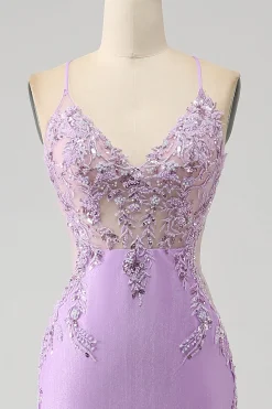 Trendy Sereia Esparguete Correias Lilás Longo Vestido de Baile com Apliques Missangas