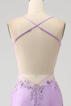 Trendy Sereia Esparguete Correias Lilás Longo Vestido de Baile com Apliques Missangas
