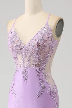 Trendy Sereia Esparguete Correias Lilás Longo Vestido de Baile com Apliques Missangas