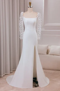 Trompete de Marfim Varredura Trem Mangas Longas Vestido de Noiva com Apliques 3D