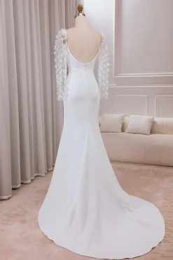 Trompete de Marfim Varredura Trem Mangas Longas Vestido de Noiva com Apliques 3D