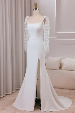 Trompete de Marfim Varredura Trem Mangas Longas Vestido de Noiva com Apliques 3D