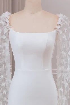 Trompete de Marfim Varredura Trem Mangas Longas Vestido de Noiva com Apliques 3D