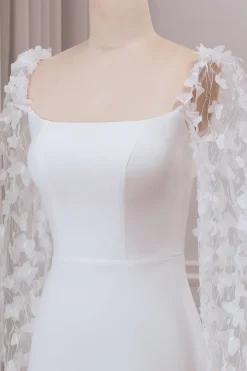 Trompete de Marfim Varredura Trem Mangas Longas Vestido de Noiva com Apliques 3D
