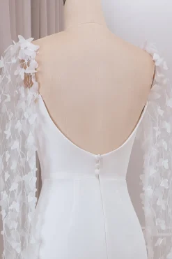 Trompete de Marfim Varredura Trem Mangas Longas Vestido de Noiva com Apliques 3D